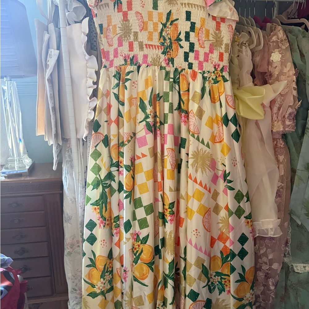 JessaKae Cream Sundress with Yellow, Green & Pink Floral Print